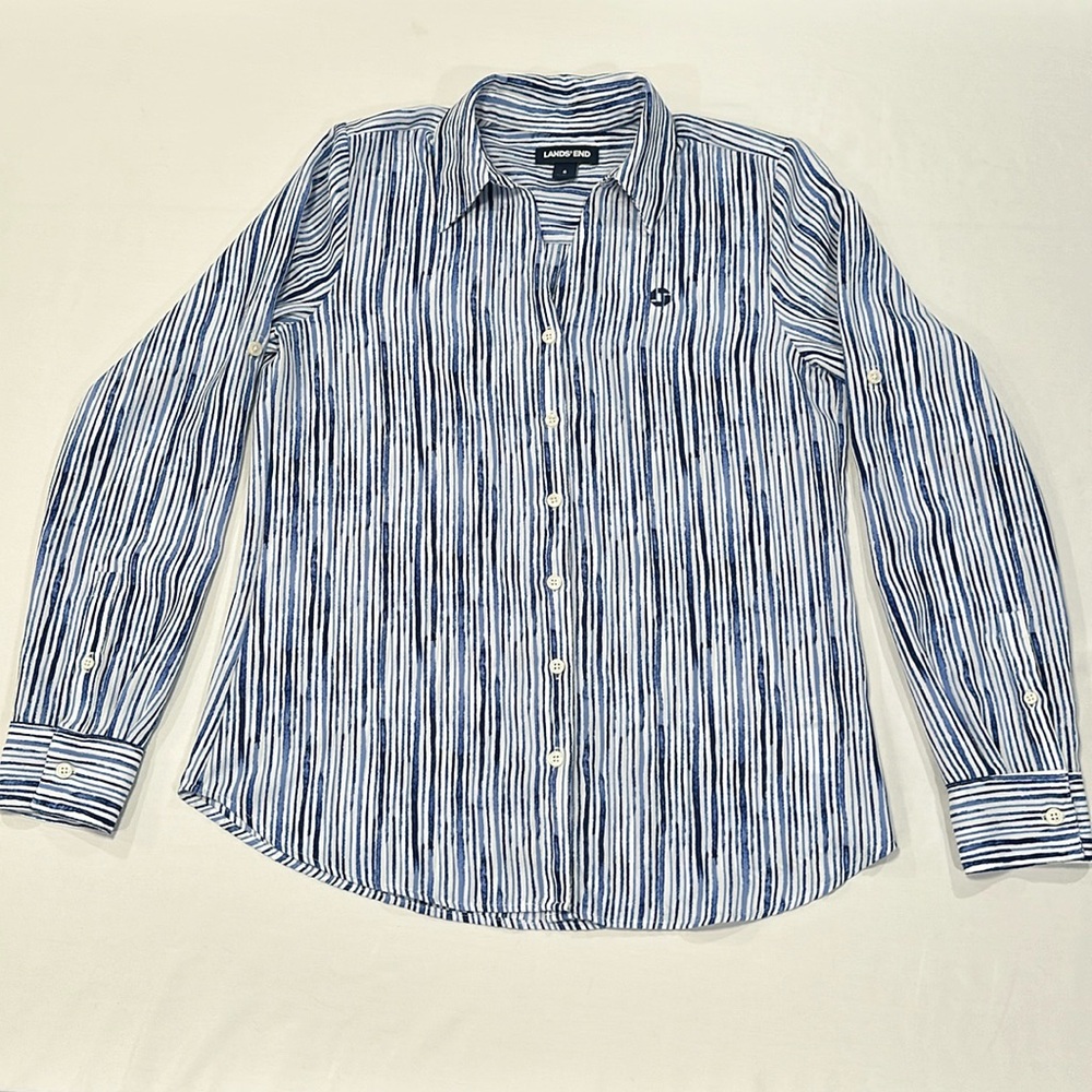 Chase blue and white stripe blouse with roll up sleeves